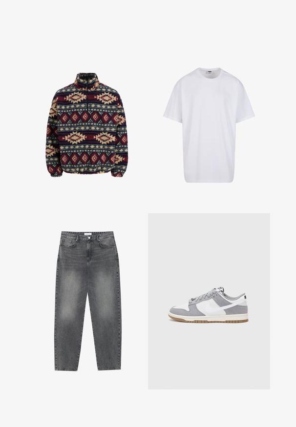 Fleece pullover met een halve rits, met geometrische patronen in marineblauw, kastanjebruin en beige, met elastische manchetten en een hoge kraag.; Witte katoenen t-shirt met korte mouwen, ronde hals, relaxte pasvorm en zonder zichtbare logo's of patronen. Gladde textuur en minimalistisch ontwerp.; Hoge taille, losvallende jeans van vervaagd zwart denim. Beschikt over vijf zakken, riemlussen en een schone, rechte broekspijp ontwerp.; Grijze en witte sneaker met een bovenwerk van suede en leer, ronde neus, platte veters en een rubberen zool met een gumaccent.