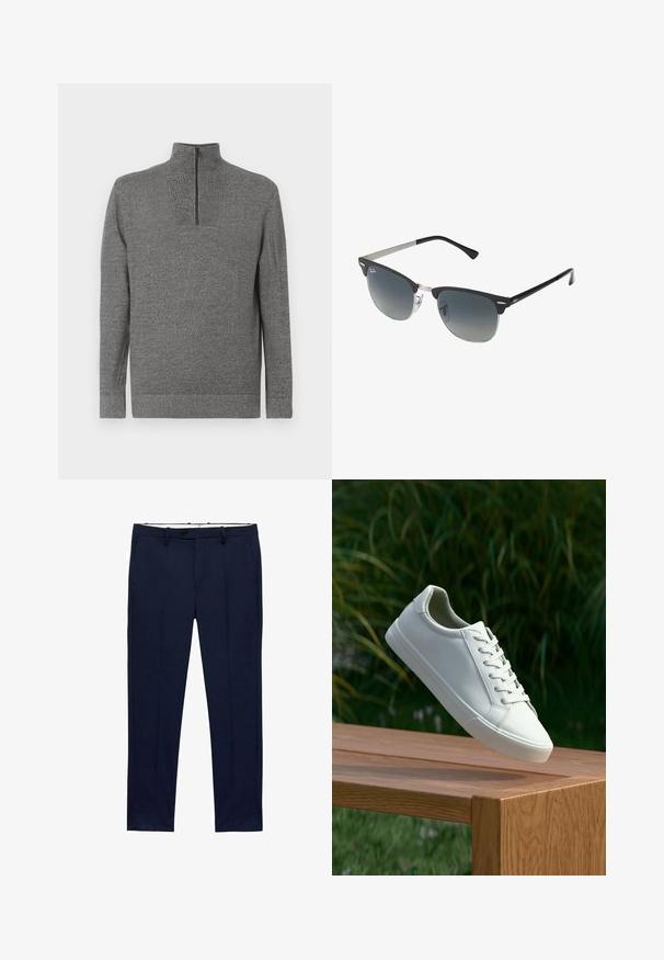 Šedý pletený svetr s dlouhými rukávy a čtvrtzipem ve vysokém límci, vystavený na bílé ploše.; Námořnické modré kalhoty se slim fit a pruhovaným vzorem. Obsahují zip, poutka na opasek a přední kapsy. Hladká textilie.; Bílé šněrovací tenisky, které se vznášejí nad dřevěnou lavicí, s zeleným listím v pozadí, předvádějící design a strukturu boty.; Černé a stříbrné sluneční brýle ve tvaru kočičích očí, se stupňovitými skly a kovovými detaily na rámu. Plastové nožičky s šedými konci.