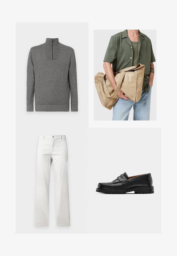 Pulover gri din tricot, cu mâneci lungi și un guler înalt cu fermoar pe un sfert, expus plat pe un fundal alb.; Pantaloni gri deschis cu un design cu picior drept, confecționați dintr-un material neted, având o închidere frontală cu nasture și buzunare laterale.; Mocasinii din piele neagră au o cusătură ridicată, două bare decorative pe partea superioară și o talpă groasă texturată pentru o aderență suplimentară.; Geantă tote din pânză bej cu mânere mari, având litere bloc imprimate pe lateral. Geanta are o textură moale și un design spațios.