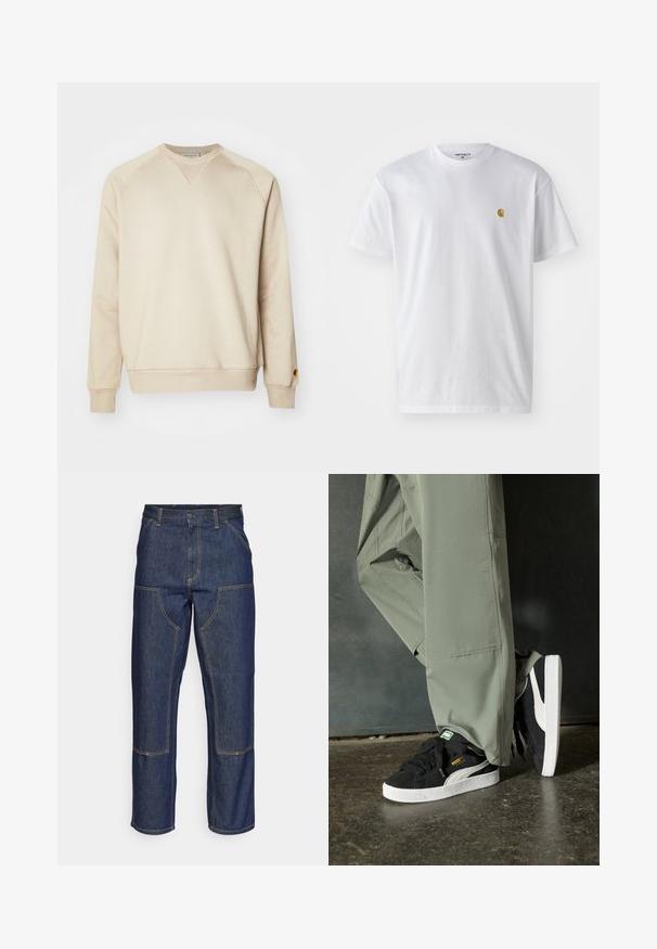 Beige sweatshirt in soft cotton blend, featuring ribbed cuffs and hem, raglan sleeves, and a small metal logo accent on the left sleeve.; White cotton t-shirt with short sleeves, crew neck, featuring a small gold logo on the left chest area. Soft texture and regular fit.; Dark blue denim jeans with a high waist, straight leg design, contrasting stitching, and patch pockets on the front.; Black suede sneakers with white rubber soles and side stripes, paired with light green cargo pants, standing on a textured dark surface.
