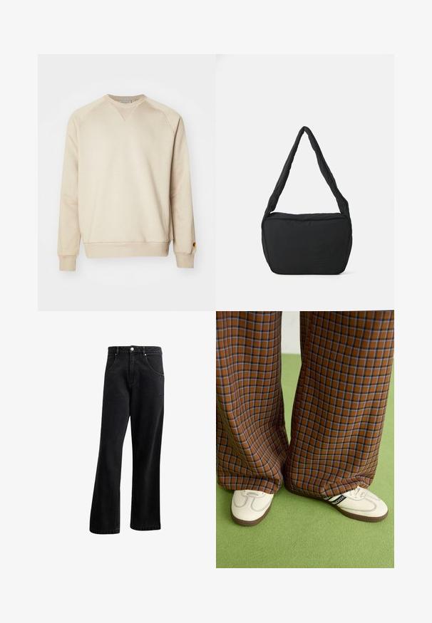 Beige sweatshirt in soft cotton blend, featuring ribbed cuffs and hem, raglan sleeves, and a small metal logo accent on the left sleeve.; Black denim jeans with a straight-leg design, featuring front pockets, a button fly, and slight texture. Includes a subtle logo detail.; Brown and blue plaid wide-leg trousers paired with white shoes featuring black accents and textured soles, set against a green background.; Black shoulder bag with a padded texture, a rounded shape, and a wide strap, featuring an embossed logo on the front.