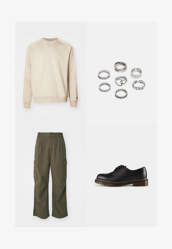Béžová mikina z jemnej bavlnenej zmesi, s rebrovanými manžetami a spodným lemom, raglánovými rukávmi a malým kovovým logom na ľavom rukáve.; Olive zelené cargo nohavice, vyrobené z bavlny, so širokým strihom, záhybmi a bočnými vreckami pre väčšiu praktickosť.; Čierna kožená topánka s okrúhlou špičkou, šnurovací dizajn, žlté prešívanie pozdĺž podrážky a masívna, textúrovaná gumová podrážka.; Sada siedmich strieborných prsteňov s rôznymi dizajnmi, vrátane skrútených, prepojených a gravírovaných vzorov. Rôzne tvary a šírky.