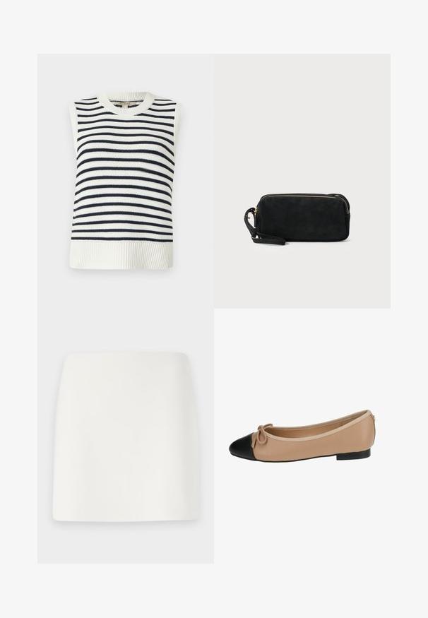 Bezramienna dzianinowa bluzka z okrągłym dekoltem, w granatowo-białe poziome paski, z prążkowanym wykończeniem i gładką fakturą.; Biała, dopasowana mini spódnica o gładkiej fakturze i prostych liniach. Brak widocznych wzorów i akcesoriów. Prosty dół.; Baletki w beżowej skórze z czarnym noskiem. Posiadają detal w postaci kokardki z przodu oraz gładką fakturę. Niska sylwetka z gumową podeszwą.; Czarna zamszowa kopertówka z zapięciem na zamek i odpinanym paskiem na nadgarstek. Wyposażona w elementy w kolorze złotym oraz gładką, matową fakturę.