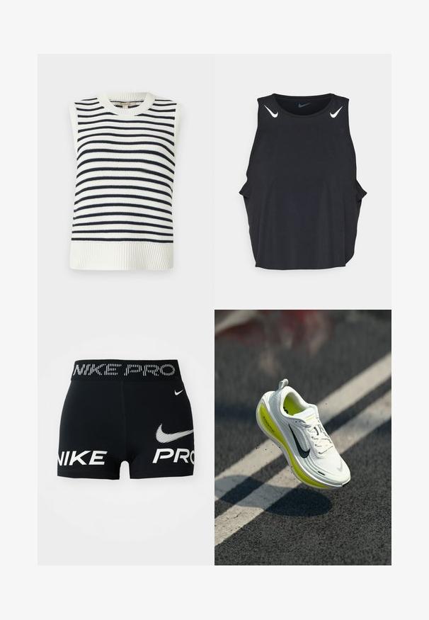 Sleeveless knit top with a round neck, featuring navy and white horizontal stripes, ribbed hem, and smooth texture.; Black sleeveless athletic tank top with rounded neckline, side slits, and white Nike swoosh logos on shoulders. Smooth, lightweight fabric.; Black Nike Pro athletic shorts with white Nike logos and text on waistband and front.; White and yellow Nike ZoomX running shoe suspended above asphalt with a white line, casting a shadow on the ground.