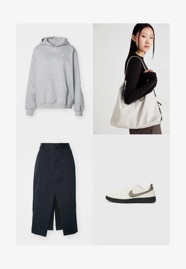 Sweatshirt cinza feito de tecido macio, com um bolso canguru, punhos e barra canelados. Apresenta um pequeno logotipo branco da Jordan no peito.; Saia midi azul-marinho escura, feita de tecido em mistura de algodão, com uma fenda frontal, fecho oculto e bolsos laterais para funcionalidade.; Nike Sportswear FIELD GENERAL - Sapatilhas - off-white/black; Uma bolsa bege feita de material macio, com um design descontraído, detalhes de costura e duas alças para o ombro. Adequada para uso diário.