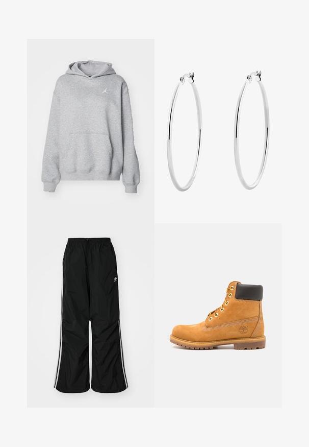 Siva kapuca iz mehkega blaga s kenguru žepom, ribastimi manšetami in robom. Ima majhen bel Jordan logotip na prsih.; Črne podložene hlače z elastiko v pasu, z vrvico, belimi stranskimi črtami, ohlapnega kroja, z majhnim logotipom na levi strani.; Rjavi usnjeni gležnarji s črnim oblazinjenjem, zlatimi očesci in teksturiranim podplatom. Imajo okroglo logo na strani in šivane detajle.; Srebrni obroči za ušesa z gladko, polirano površino in tanko, okroglo obliko. Oblikovanje vključuje varen zaponko.