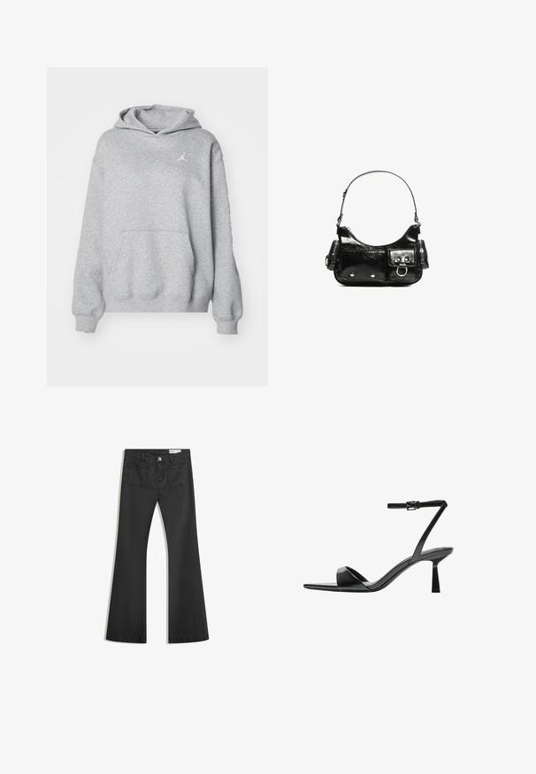 Sivi dukserica od mekane tkanine s prenjskim džepom, rebrastim manžetama i rubom. Ima mali bijeli Jordan logo na prsima.; Crne široke traperice od denima s glatkom teksturom, s dva stražnja džepa i kopčanjem na dugme u struku.; Bershka Sandale s visokom petom - black; Crna patentna kožna torba s zakrivljenim oblikom, jednim remenom za rame, prednjim džepovima i akcentima od srebrnog tona.
