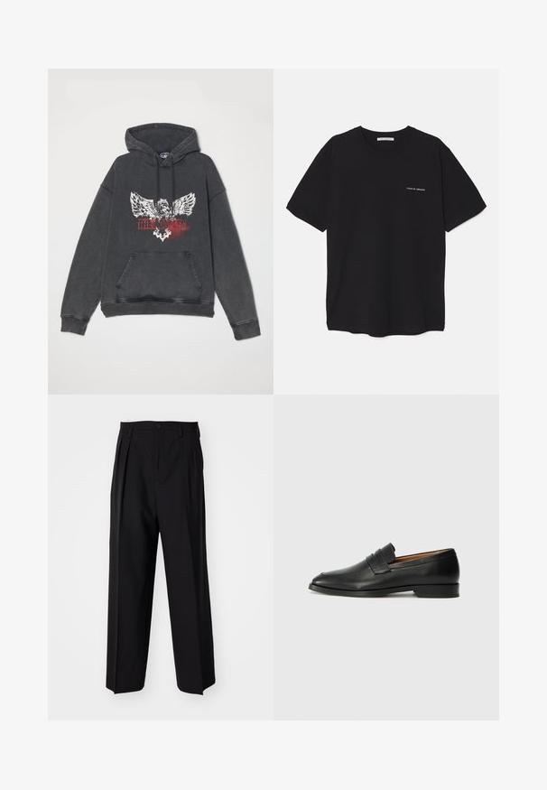 Črna, prevelika kapuca s grafičnim tiskom, ki prikazuje orla in besedilo "Kralji". Vključuje sprednji žep in kapuco s vrvico.; Črna bombažna majica s kratkimi rokavi in okroglim ovratnikom, z belim logotipom natisnjenim na levi prsni strani. Preprost, enobarven dizajn.; Črne nabirane hlače s ravnim, širokim krojem. Narejene so iz gladkega materiala in imajo zadrgo ter pasne zanke.; Črne usnjene loferice z zaobljenim prstom, subtilnim šivanjem in nizkim petam, ki se odlikujejo po gladki teksturi in minimalističnem oblikovanju.