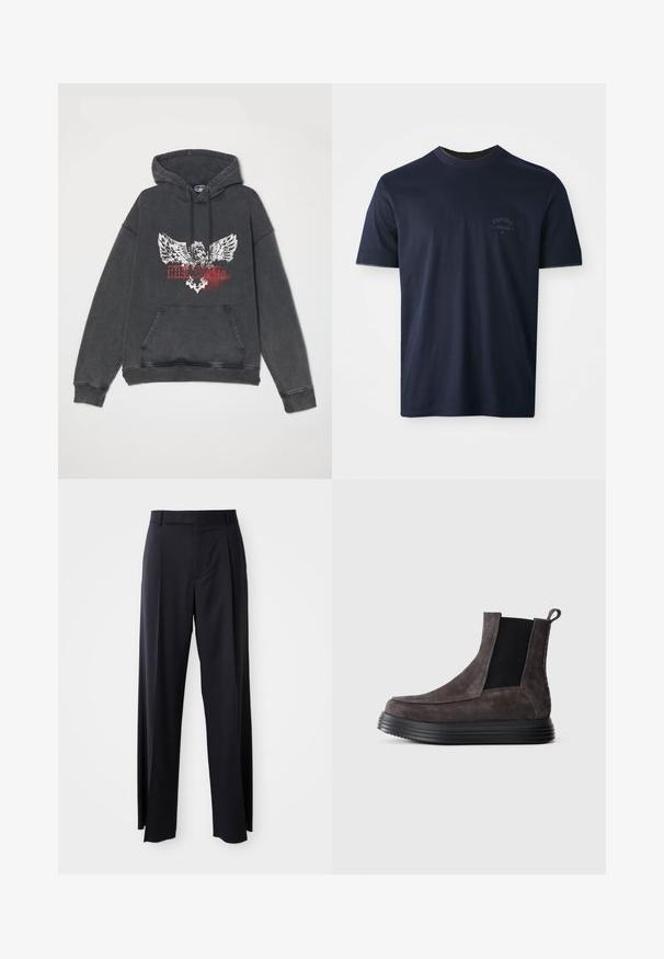 Schwarzer, übergroßer Hoodie mit einem grafischen Druck, der einen Adler und den Text "DIE KÖNIGE" zeigt. Inklusive Fronttasche und Kordelzugkapuze.; Marineblaue Baumwoll-T-Shirt mit kurzen Ärmeln, Rundhalsausschnitt und einem gestickten Logo auf der linken Brust. Glatte Textur, klassische Passform.; Schwarze, hoch taillierte Hose mit weitem Bein, aus glattem Stoff. Verfügt über vorne gelegte Falten und Gürtelschlaufen. Minimalistisches Design, ohne sichtbare Beschläge.; Dunkelgrauer Wildleder-Stiefelette mit schwarzem elastischem Seitenpaneel und dicker gerillter schwarzer Sohle, auf einem weißen Hintergrund fotografiert.