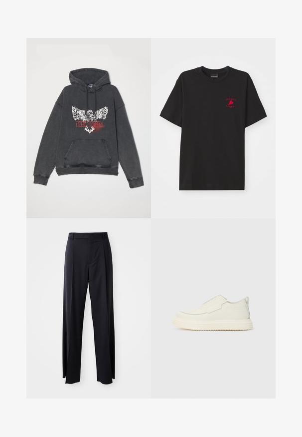 Mustas, ülev suuruses kapuutsipusa, millel on graafiline print kotkast ja tekst "KUNINGAD." Sisaldab esist pocketit ja nööriga kapuutsi.; Mustas puuvillane t-särk ümarate kaelustega ja lühikeste varrukatega; rinnal on punane brodeeritud "Emporio Armani" logo ja süda.; Mustad, kõrge vöökohtaga püksid laia säärte lõikega, valmistatud siledast kangast. Omab ees plekke ja vöörihmade jaoks silmuseid. Minimalistlik disain, nähtavat riistvara pole.; Eemaldatavad spordijalatsid valgel tekstureeritud materjalil, millel on paks sooneline tald. Omavad minimaalseid õmblusi ja peent hele sinist aktsenti.