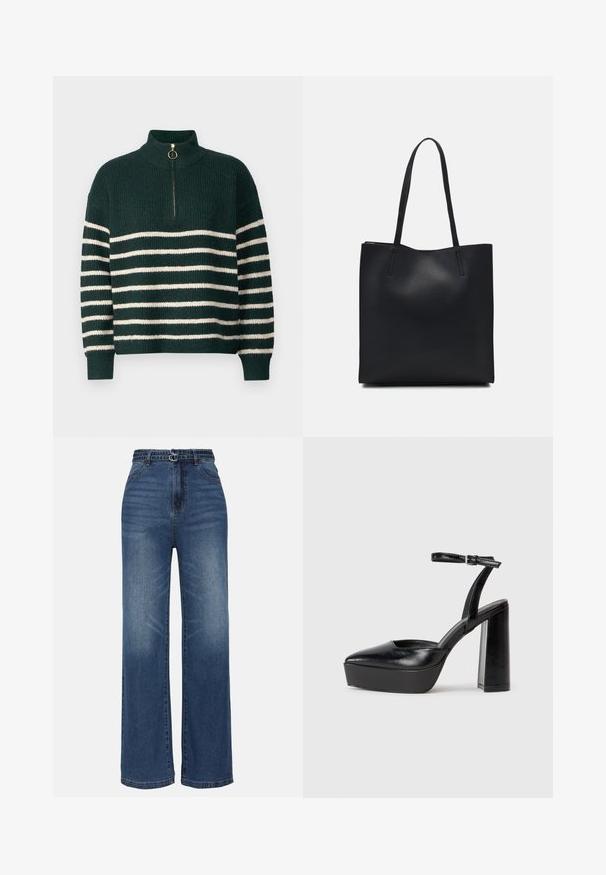 Pull en tricot vert avec un col montant, présentant des rayures blanches horizontales, une fermeture éclair quart avec un anneau doré, et des poignets côtelés.; Jean en denim bleu à jambe large avec taille haute, présentant deux accents de boucle en métal, un délavage léger et un design standard à cinq poches.; Escarpins noirs à plateforme avec un bout pointu et une sangle réglable à la cheville. Conçus en cuir lisse, avec un large talon bloc.; Sac fourre-tout en cuir noir avec une texture lisse, de forme rectangulaire et deux longues poignées. Pas de matériel ou d'ornementations visibles.