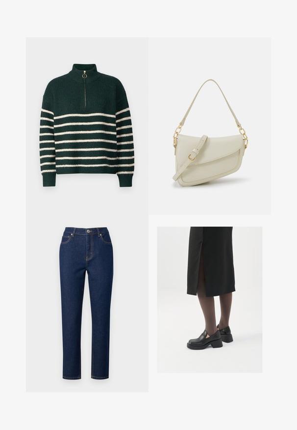 Stickad grön tröja med hög krage, försedd med horisontella vita ränder, en fjärdedels dragkedja med ett guldfärgat drag och ribbade ärmslut.; Mörkblå denimjeans med rak passform, med dragkedja, knappstängning och accentstitching på fickor och sömmar.; Svarta läderskor med rund tå, tjock klack utan häl och elastiska sidodetaljer, kombinerat med mörka strumpbyxor och en svart kjol med slits.; Liten gräddfärgad handväska med en strukturerad finish, en lång justerbar rem, en kedjedetalj och en klaffstängning. Guldfärgad hårdvara.