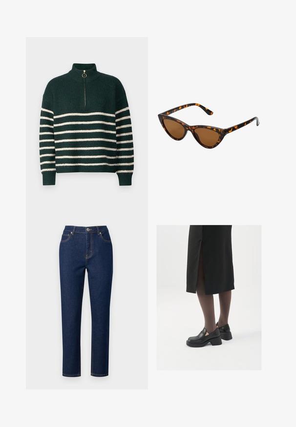 Groene gebreide trui met een hoge kraag, voorzien van horizontale witte strepen, een kwart rits met een gouden ringtrekker, en geribbelde manchetten.; Donkerblauwe denim jeans met een rechte pasvorm, uitgerust met een ritssluiting, knoopsluiting, en accentstiksels op de zakken en naden.; Zwarte leren schoenen met een ronde neus, dikke blokhak en elastische zijkanten, gecombineerd met donkere panty's en een zwarte rok met een split.; Cat-eye zonnebril met een zwart en oranje schildpadframe, bruine lenzen en slanke, puntige uiteinden. Bevat een minimalistisch logo op de poot.