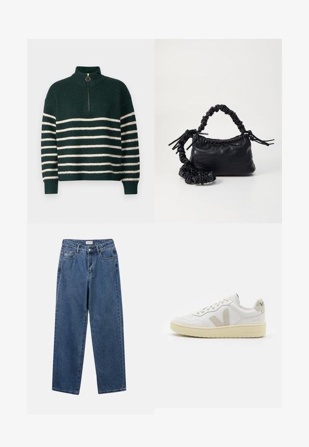 Knitted green sweater with a high collar, featuring horizontal white stripes, a quarter zip with a gold ring pull, and ribbed cuffs.; Classic blue denim jeans with a straight-leg design, five pockets, and a button closure. Features a medium wash and sturdy texture.; White leather sneaker with beige suede accents, perforated toe box, flat laces, and a textured cream sole. Features subtle branding on heel.; Black faux leather handbag with a crocodile texture, cinched top, and a scrunched strap. Appears soft and compact in design.