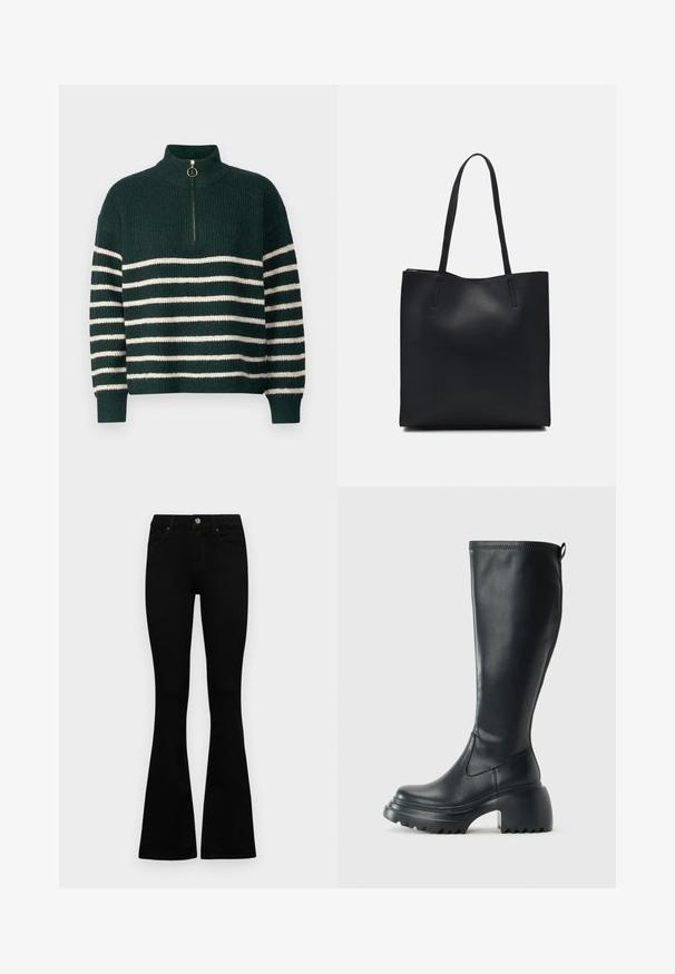 Stickad grön tröja med hög krage, försedd med horisontella vita ränder, en fjärdedels dragkedja med ett guldfärgat drag och ribbade ärmslut.; Svarta högmidjade jeans med knäppning och dragkedja, frontfickor och utsvängda ben, liggande platt på en vit bakgrund.; Höga svarta läderstövlar med kraftig plattformssula och blockklack, med dragflik och strukturerat mönster på yttersulan.; Svart lädertoffelväska med slät textur, rektangulär form och två långa handtag. Ingen synlig hårdvara eller dekorationer.