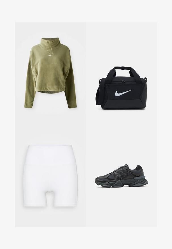 Olive green cropped fleece pullover with high neck, drawstring, and front logo. Features long sleeves and a textured finish.; White high-waisted shorts made from stretch fabric. Features a smooth texture and fitted design, with no additional patterns or hardware.; Black running shoe featuring a mix of mesh and synthetic materials, chunky sole, curved design, and prominent branding on the side.; Black duffel bag with a smooth fabric, dual zippered compartments, padded handles, and a large white Nike logo on the front.