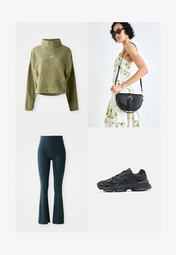 Olivengrøn cropped fleece-pullover med høj hals, snøre og logo foran. Har langeærmer og en tekstureret finish.; Mørk teal flagrende leggings med høj talje, fremstillet af strækbart stof. Har subtile logo detaljer nær taljen. Glat tekstur.; Sorte løbesko med en blanding af mesh og syntetiske materialer, kraftig sål, buet design og fremtrædende branding på siden.; Sort læderhåndtaske med en buet form, aftagelig rem og guldfinish. Tasken har en klap med en spænde detalje.