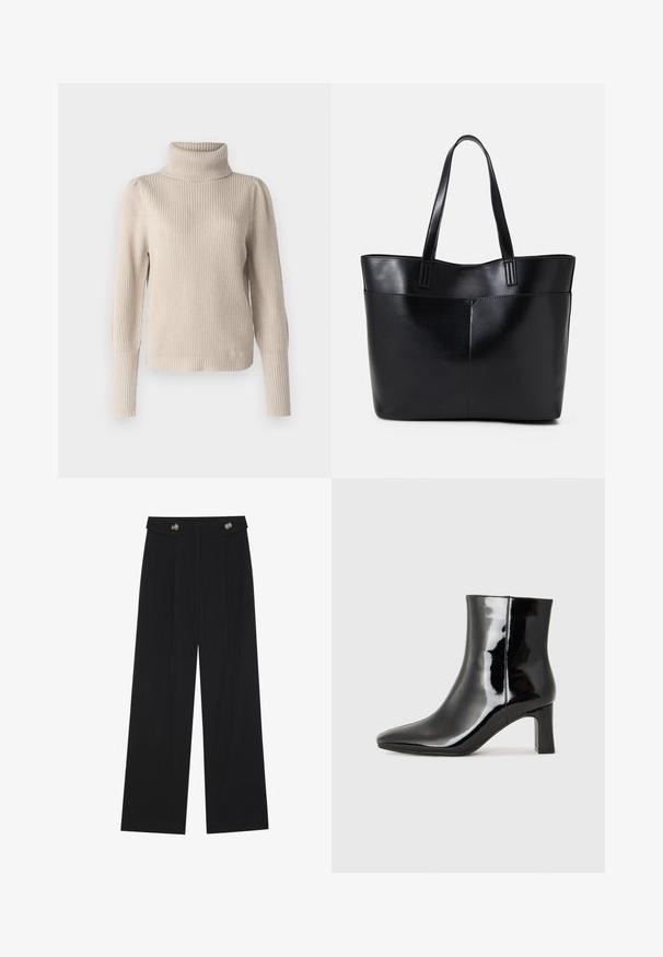 VILA VILOU ROLLNECK - Džemper - feather gray; Mustad laiad püksid kõrge vöökoha ja nööpdetailidega vööandil, esikortsudega.; Must-sinine nahkjalats musta läikiva viimistlusega, millel on terav nina ja keskmise kõrgusega plokk konts. Sile tekstuur ja minimalistik disain.; Must mustaga musta nahast, millel on kaks pikka kanda, sile tekstuur ja struktureeritud kuju. Esipoolsel on lisakoti jaoks tasku.