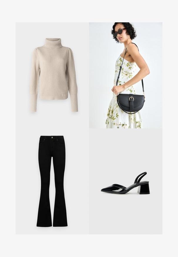 VILA VILOU ROLLNECK - Stickad tröja - feather gray; Svarta högmidjade jeans med knäppning och dragkedja, frontfickor och utsvängda ben, liggande platt på en vit bakgrund.; Svarta lackläder slingback klackar med spetsig tå och geometrisk klack. Har en elegant, minimalistisk design och slät yta.; Svart läderhandväska med en böjd form, avtagbar rem och guldiga detaljer. Väskan har ett lock med en spänndetalj.