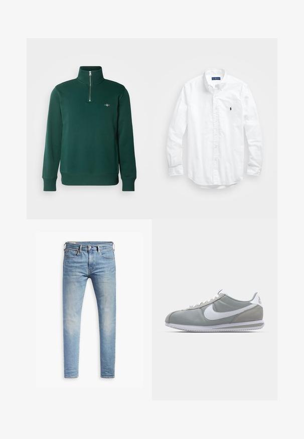 Zelený pulóver na zips. Má vysoký golier, dlhé rukávy a malé logo na hrudi. Mäkká, hladká tkanina.; Biele dlhé rukávy košele so zapínaním na gombíky z bavlny. Má klasický golier, gombíkové manžety a malú tmavomodrú vyšitú logo na hrudi.; Svetlo modré úzke džínsy s miernym prehrdzavením na stehnách, predným gombíkovým zapínaním, pútkami na opasok a štýlom s piatimi vreckami na bielom pozadí.; Sivé športové tenisky s vrchom z semišu a textilu, bielym logom Nike a bielymi šnúrkami. Majú štruktúrovanú gumenú podrážku a polstrovaný golier.