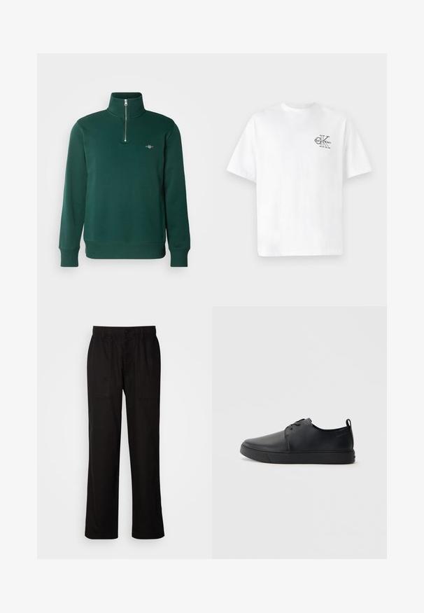 Roheline tõmblukuga pusakas. Omab kõrget kaelust, pikkade varrukatega ning väikest logo rinnal. Pehme ja siledat kangast.; Valge puuvillane T-särk lühikeste varrukatega, ümmarguse kaelusega, mille vasakul rinnal on must CK logo, tavaprofiil, sile tekstuur.; Mustad lõdva istuvusega mustad püksid, mis on valmistatud kergest kangast. Omavad elastset vöökohta, nööbiga sulgemist ja kahte esist taskut.; Mustaläik nahast spordijalatsid siledaga viimistlusega, ümarate varvastega, sama tooni õmblustega, nööbid ees, ja lamedate kummist tallaga. Kannas aas.
