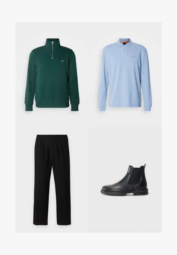 Grønn glidelåsgenser. Har høy krage, lange ermer, og en liten logo på brystet. Mykt, glatt stoff.; Lyseblå langermet poloskjorte i teksturert stoff med krage og to-knappslukking, med brodert "BOSS"-logo på brystet.; Svarte bukser laget av et glatt stoff, med elastisk liv, rett ben-design og to frontfold for ekstra detaljer.; Sorte skinn Chelsea-støvler med elastiske sider, bærestropp, avrundet tå og robust såle med grep-groove.