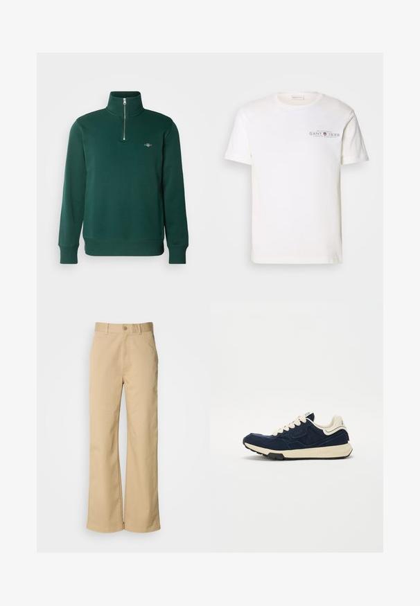 Grønn glidelåsgenser. Har høy krage, lange ermer, og en liten logo på brystet. Mykt, glatt stoff.; Hvit bomull t-skjorte med rund hals, korte ermer og trykket logo. Har minimalistisk design og avslappet passform.; Beige, vide bukser laget av en bomullsblanding. Har knappelukking og beltehemper. Glatt tekstur med minimale sømdetaljer.; Marineblå joggesko med teksturert semsket skinn-overdel, kremfargede snøringer og beige mellomsåle. Har et klassisk atletisk design og gummisåle.