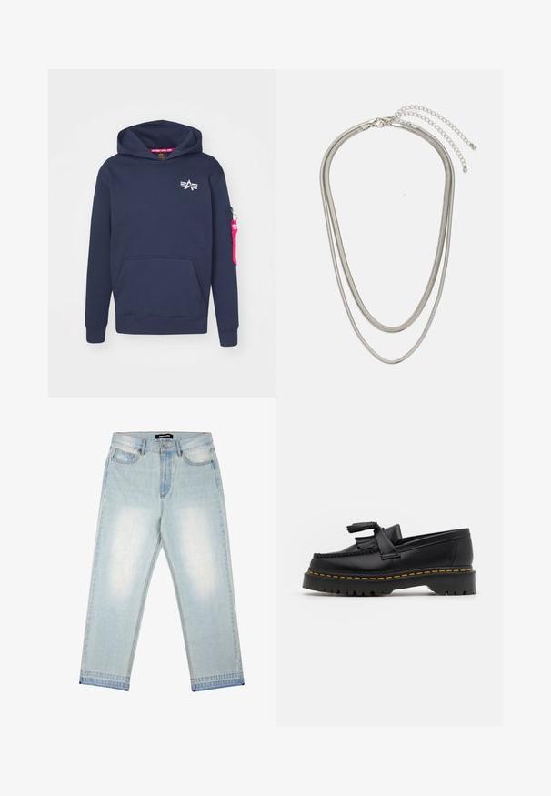 Hoodie blu navy in misto cotone, con tasca frontale a marsupio, cappuccio con cordino e tasca con zip sulla manica con dettagli in etichetta rosa.; Pegador BARROW - Jeans loose fit - sand washed blue; Mocassino in pelle nera con un'accento a frange, dotato di una suola nera spessa e cuciture gialle lungo il bordo. Finitura testurizzata.; Collana in metallo argentato a tre strati caratterizzata da catene sottili e flessibili con una leggera lucentezza, fissata con un gancio a molla e una catena regolabile.