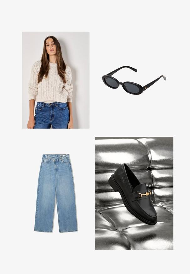 Vaalean beige-neulepaita, jossa on pyöreä pääntie ja teksturoitu kuvio, yhdistettynä korkeavyötäröisiin sinisiin farkkuihin.; Vaaleansiniset leveälahkeat farkut, joissa on korkea vyötärö, viisi taskua, nappikiinnitys ja hienovarainen kuluminen tekstuurin lisäämiseksi.; Musta nahkakengät loafer-tyylissä, jossa on kultasävyinen yksityiskohta. Kengässä on tyylikäs muotoilu ja sileä, kiiltävä pinta.; Mustat ylisuuruiset aurinkolasit, jotka ovat soikeat linssit, sileä muovikehys ja kultaiset korostukset temppeleissä. Tummat linssit tarjoavat suojaa auringolta.; Pehmeä ruskea hobo-tyylinen käsilaukku, jossa on yksi leveä olkahihna ja kaareva yläosan aukko, esitelty valkoista taustaa vasten.