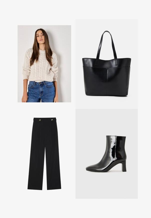 Vaalean beige-neulepaita, jossa on pyöreä pääntie ja teksturoitu kuvio, yhdistettynä korkeavyötäröisiin sinisiin farkkuihin.; Mustat leveälahkeiset housut, joissa on korkea vyötärö, napit vyötärönauhassa ja etupuolella laskokset.; Musta patenttilakattu nilkkuri, jossa on terävä kärki ja keskipitkä lohkarekorko. Silkkinen pinta ja minimalistinen muotoilu.; Musta nahkainen kassi, jossa on kaksi pitkää kahvaa, sileä pinta ja jämäkkä muoto. Sisältää etutaskun lisävarastointia varten.