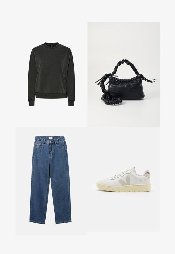 Sudadera de cuello redondo de manga larga en gris oscuro, con puños y dobladillo de canalé, exhibida sobre un fondo blanco.; Jeans de mezclilla azul clásico con un diseño de pierna recta, cinco bolsillos y cierre de botón. Presenta un lavado medio y una textura resistente.; Zapatilla de piel blanca con acentos de ante beige, caja de puntera perforada, cordones planos y suela texturizada en color crema. Cuenta con un branding sutil en el talón.; Bolso de mano de imitación cuero negro con textura de cocodrilo, parte superior fruncida y correa arrugada. Presenta un diseño suave y compacto.