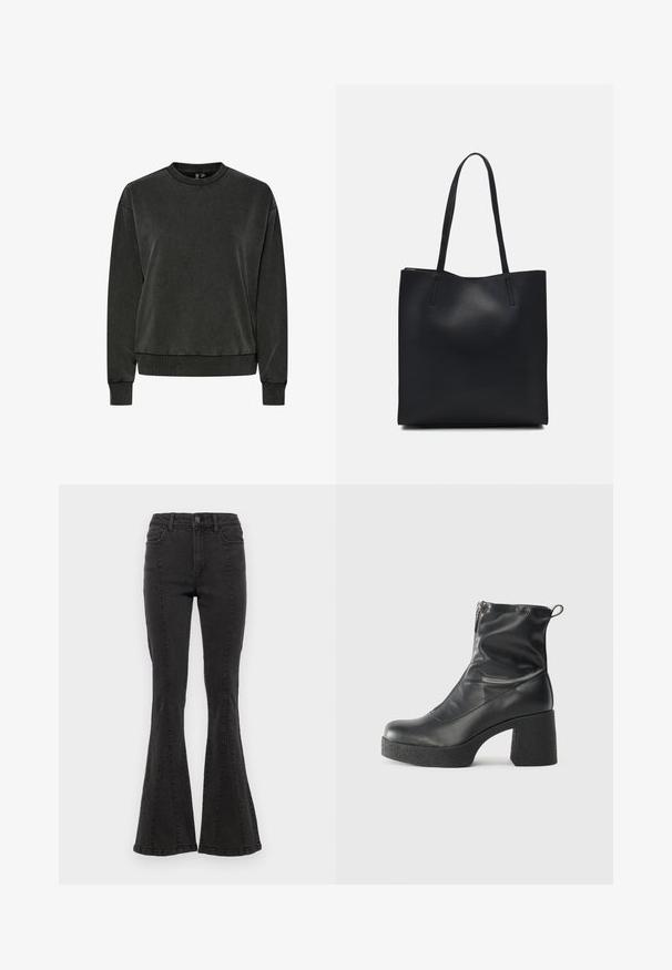 Sötétszürke, hosszú ujjú, kerek nyakú pulóver, bordázott mandzsettákkal és aljjal, fehér háttér előtt bemutatva.; Fekete farmer anyagú harang szabású nadrág, magas derékkal, oldalsó varrással és letisztult szegéllyel. Az anyag sima tapintású, enyhe rugalmassággal.; Fekete bokacsizmák sima bőrből, oldalsó cipzárral, vastag, texturált sarkú és lekerekített orrú dizájnnal.; Fekete bőrtáska sima felszínnel, téglalap alakú, két hosszú füllel. Nincs látható fémkiegészítő vagy díszítés.