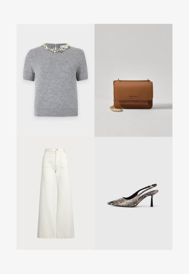 Pulover gri cu mâneci scurte, realizat dintr-un material texturat. Dispune de un decolteu decorativ cu mărgele și o închidere cu fermoar la spate.; Jeans cu picioare late din denim alb-crem. Design cu talie înaltă, cu închidere prin nasture, două buzunare frontale și detalii cu cusături contrastante.; Pantofi slingback cu vârf ascuțit, din material texturat cu imprimeu de șarpe, având un toc subțire negru și un design decupat pe laterale.; Geantă crossbody din piele texturată maro, cu curea din lanț aurit și închidere cu clapetă. Partea din față prezintă detalii cu logo și o buzunar sub clapetă.