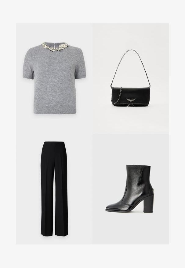 Szary sweter z krótkim rękawem o teksturowanej tkaninie. Posiada ozdobny dekolt wykończony koralikami oraz zamek błyskawiczny z tyłu.; Czarne spodnie o szerokim kroju, o gładkiej fakturze, z wysokim stanem i centralnymi kantami. Brak widocznych wzorów lub detali metalowych.; Czarne skórzane botki za kostkę o gładkiej fakturze, spiczastym nosku i grubym wysokim obcasie. Posiadają boczne wycięcie i minimalistyczny design.; Czarna skórzana torebka z srebrnym łańcuszkiem, ozdobiona dekoracyjnymi skrzydłami i białym przeszyciem wzdłuż dolnego szwu.