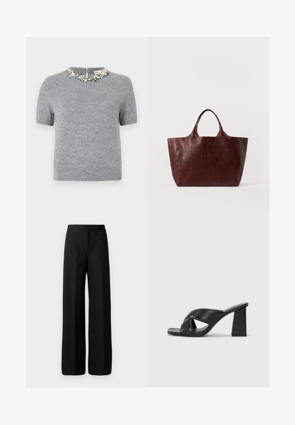 Sivý krátky sveter s krátkym rukávom a textúrovanou tkaninou. Má ozdobný perlový výstrih a zips na zadnej strane.; Čierne nohavice so širokými nohavicami s hladkou, matnou textúrou. Ploché pásy bez viditeľného kovania alebo vzorov. Jednoduchý a elegantný dizajn.; MAX&Co. SOHO - Sandále na vysokom opätku - schwarz; Hnedá kožená taška na rameno s hladkým povrchom, širokým telom a dvoma krátkymi uchami. Má minimálne šitie, bez viditeľných kovových častí alebo akcentov.