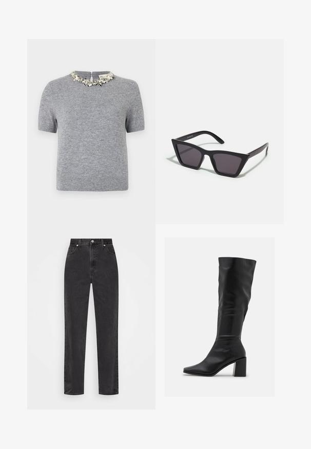 Grå kortärmad tröja i strukturerad tyg. Har en dekorativ pärlkrage och dragkedjestängning i ryggen.; Svarta jeans med rak benstil och hög midja, framknapp och dragkedja, samt fem fickor mot en vit bakgrund.; RAID BLICK - Stövel - black; Svarta, vinklade solglasögon med grå linser; tillverkade av plast, med tjocka skalmar med en slät yta och utan synlig hårdvara.