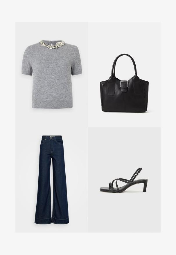 Harmaa lyhythihainen neule, jossa on teksturoitu kangas. Varustettu koristeellisella helmikauluksella ja takana vetoketjulla.; Tumman siniset korkeavyötäröiset leveälahkeiset farkut, joissa on etupocketit, vyölenkit, nappikiinnitys ja näkyvät ompeleet valkoista taustaa vasten.; Mustat hihnalligat, joissa on neliön muotoinen kärki ja matala lohkokorko. Ominaisuuksiin kuuluu useita ohuita hihnoja ja säädettävä nilkkahihna. Valmistettu sileästä nahasta.; Musta nahkainen olkalaukku, jossa on sileä pinta, ryhdikäs muoto, kaksi kahvaa ja silmienpistävä hopeinen solkiyksityiskohta edessä.