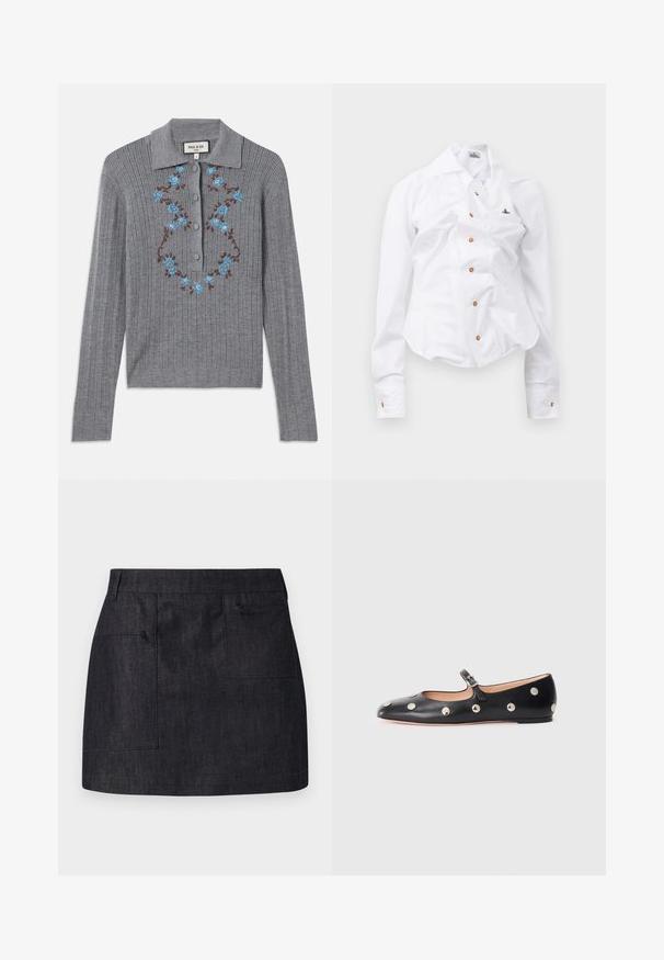 Harmaa ribattuja neulejakku, jossa on kauluksenpäällinen, nappikirjonta edessä ja rintaosassa brodeerattuja sinisiä kukkia. Teksturoitu kangas ja istuva malli.; Valkoinen pitkähihaisen paita, jossa on slim fit -muotoilu. Sisältää suuren kauluksen, edessä nappisuljenta ruskeilla nappeilla sekä pienen brodeeratun logon.; Tummansininen farkkuhame, jossa on suora leikkaus, kahdella etutaskulla ja hienovaraisella tekstuurilla. Siisti helma ja standardimallinen vyötärö.; Musta nahkainen Mary Jane -tyylinen tasapohjakenkä, jossa on pyöreä varvas. Kenkässä on hopeisia pyöreitä niittejä ja säätöremmi, jossa on solki.
