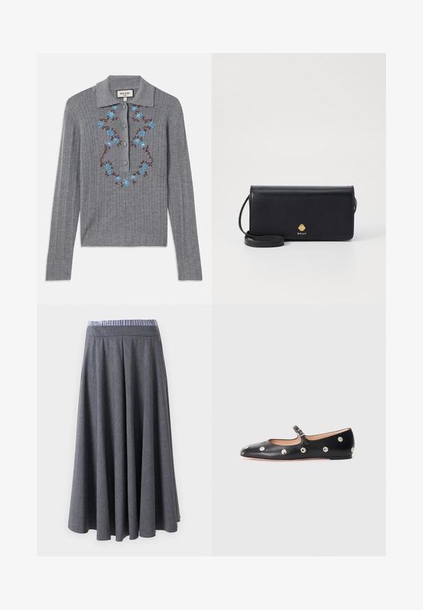 Szürke bordázott kötött kardigán, galléros nyakkal, elől gombokkal és hímzett kék virágokkal a mellen. Texturált anyag és testhezálló stílus.; Magas derekú, sötétszürke, bő szárú nadrág finom kockás mintával és kék-fehér csíkos derékrésszel, fehér háttér előtt akasztva.; Fekete bőr Mary Jane lapossarkú cipő, lekerekített orral, ezüst színű kör alakú szegecsekkel és állítható pánttal, csattal.; Fekete bőr pénztárca vékony, téglalap alakú formával, arany logóval. Leválasztható pánttal rendelkezik a kényelmes hordozhatóság érdekében.
