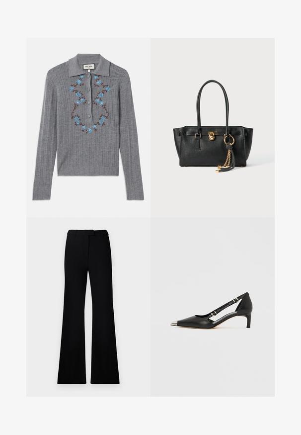Grå ribbet strik cardigan med kravehals, knapper ned foran og broderede blå blomster på brystet. Strukturering i stoffet og tætsiddende stil.; Sorte flagrende bukser med en glat tekstur, skræddersyet talje og forlommer, designet med en slank, moderne silhuet.; Sort læder kitten heel med spids sølvfarvet tåhætte og dobbelte spænderemme på hvid baggrund.; Sort læder skuldertaske med dobbelte håndtag, guld lås og kædedetalje samt sort-hvid kvast tilbehør mod hvid baggrund.