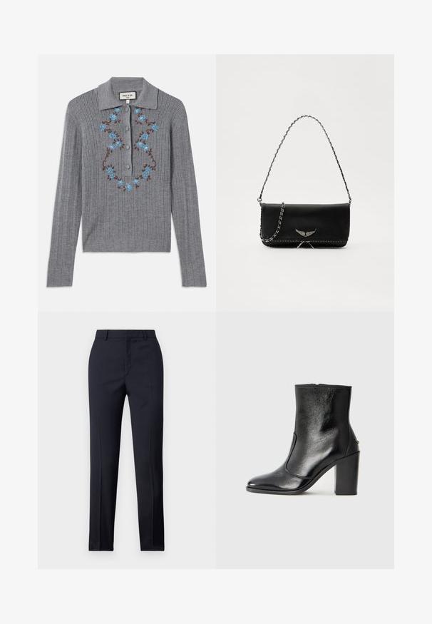 Grå ribbet strik cardigan med kravehals, knapper ned foran og broderede blå blomster på brystet. Strukturering i stoffet og tætsiddende stil.; Marineblå skræddersyede bukser med lige snit, der har en glat tekstur, to frontlommer og en ren talje.; Sorte læder ankelstøvler med en glat overflade, spids tå og en chunky høj hæl. Har en sidelukning og minimalistisk design.; Sort læderhåndtaske med en sølv kædestrop, der har dekorative vingedetaljer og hvid syning langs bunden.