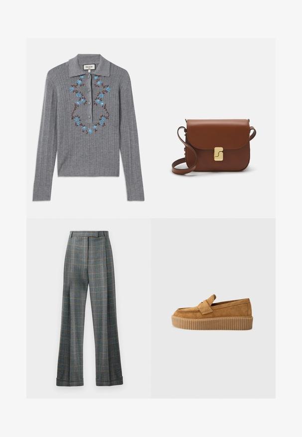 Grå ribbet strik cardigan med kravehals, knapper ned foran og broderede blå blomster på brystet. Strukturering i stoffet og tætsiddende stil.; Rutet bukser med en farvesammensætning i blå, grå og orange, bred ben design og pressed folds; lavet af et struktureret stof.; Brune ruskinds loafers med rund tå, der har en ribbet platformssål og et dekorativt bånd henover overdelen.; Brun læder håndtaske med flaplukning, hardware i gyldent tone, en skulderrem og en glat overflade. Kompakt rektangulær form.