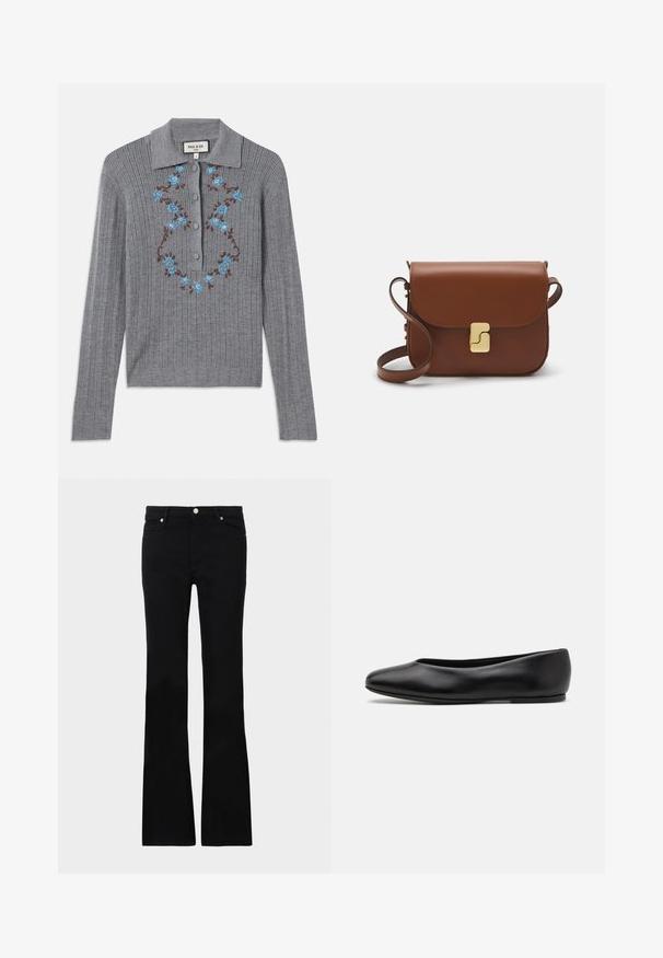 Grå ribbet strik cardigan med kravehals, knapper ned foran og broderede blå blomster på brystet. Strukturering i stoffet og tætsiddende stil.; Sorte bløde jeans lavet af denim, med to frontlommer, knaplukning og en glat tekstur. Signaturstikninger synlige ved sømmene.; Paul Smith TOPANGA - Ballerinasko - black; Brun læder håndtaske med flaplukning, hardware i gyldent tone, en skulderrem og en glat overflade. Kompakt rektangulær form.