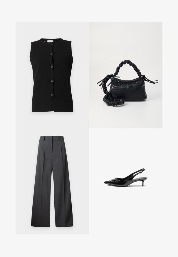 Black sleeveless button-up vest with round neckline and six buttons down the front on a white background.; Wide-leg trousers in dark gray fabric, featuring a high waist, single pleats, and a smooth texture with a clean finish at the hems.; Black leather slingback heels with a pointed toe, small kitten heel, and a decorative knot detail on the front. Smooth texture throughout.; Black faux leather handbag with a crocodile texture, cinched top, and a scrunched strap. Appears soft and compact in design.