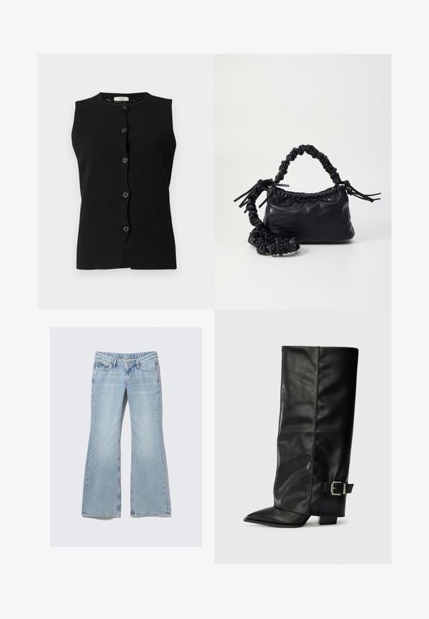 Melnas bez piedurknēm uzbāzējamā veste ar apaļu kakla izgriezumu un sešiem pogām priekšpusē uz baltā fona.; Weekday NOVA - Pieguloša piegriezuma džinsi - lip blue; Melni ādas potītes zābaki ar asu purngalu, gludu virsmu un sudraba sprādzi uz sāniem. Masīvs kvadrātveida papēdis.; Melnā mākslīgās ādas rokassoma ar krokodila rakstu, savilkta augšdaļa un saburzīta siksna. Izskatās mīksta un kompakta pēc dizaina.