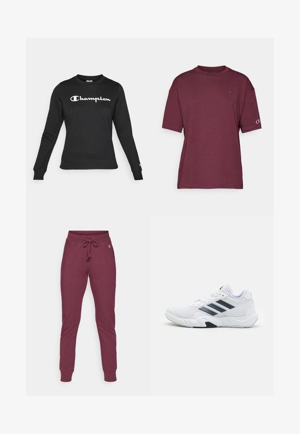Felpa nera in cotone con scollo rotondo. Presenta il logo bianco "Champion" sul petto e polsini a coste.; T-shirt corto bordeaux in morbido cotone, con scollo rotondo e dettaglio del logo sul lato sinistro del petto e sulla manica.; Pantaloni della tuta color bordeaux in morbido tessuto, con vita regolabile tramite corde, polsini a coste e una piccola accentuazione del logo sull'anca.; Scarpa sportiva bianca con tomaia in mesh, tre strisce nere sui lati, dettagli testurizzati e una suola in gomma robusta con una sezione nera a contrasto.