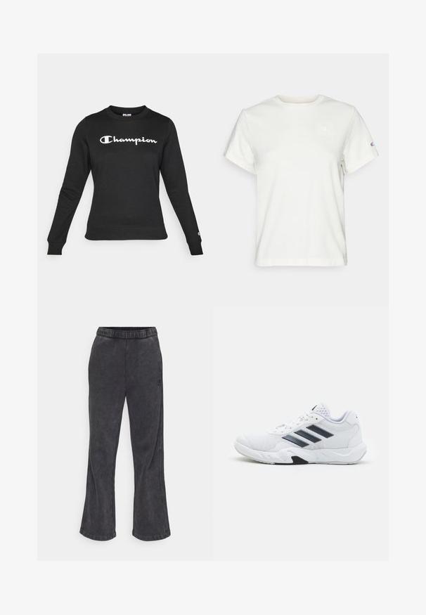 Black sweatshirt made of cotton with a crew neckline. Features a white "Champion" logo across the chest and ribbed cuffs.; White short-sleeve cotton T-shirt with a crew neckline and a small logo on the upper left chest. Soft texture and standard fit.; Flared sweatpants in dark gray fabric with a soft texture. Features an elastic waistband and an embroidered logo on the side.; White athletic shoe with mesh upper, three black stripes on the side, textured accents, and a sturdy rubber sole with a contrasting black section.