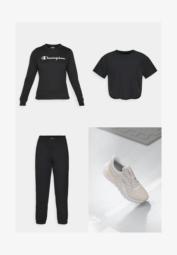 Sweatshirt preto feito de algodão com um decote redondo. Apresenta um logótipo branco "Champion" ao longo do peito e punhos canelados.; T-shirt cropped preto feito de material suave, com decote redondo, mangas curtas e um corte descontraído. Detalhes de costura subtis.; Champion C-TECH CUFFED PANTS INTERLOCK - Calças de fato de treino - black; Shoe desportivo beige claro com parte superior perfurada, detalhes texturizados, colarinho acolchoado e sola de borracha branca, projetado para conforto e respirabilidade.