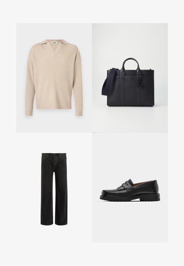 Beige gerippter Strickpullover mit V-Ausschnitt und Kragen, mit langen Ärmeln und einer lockeren Passform, hergestellt aus einem weichen, strukturierten Stoff.; Schwarze, weit geschnittene Jeans aus Denim mit hoher Taille, im klassischen Fünf-Taschen-Design und subtilem Verblassen für eine strukturierte Optik.; Schwarze Lederloafer verfügen über eine erhöhte Naht, zwei dekorative Riemen im oberen Bereich und eine dicke, strukturierte Sohle für zusätzlichen Halt.; Dunkelblaues Lederaktentasche mit doppelten oberen Griffen und einem abnehmbaren Gurt. Merkmale sind die strukturierte Oberfläche, vertikale Nähte und das Logo-Detail.