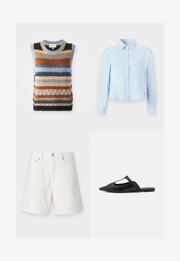 Pull sans manches tricoté présentant des rayures horizontales multicolores dans des tons de marron, de bleu et de crème ; sections texturées en contraste et lisses.; Chemise cropped à manches longues de couleur bleu clair, avec un col à rabat, une poche poitrine unique et un logo discret sur le bas. Texture lisse.; Shorts en denim blanc avec une coupe droite, un design à cinq poches, une fermeture à bouton à l'avant, des détails en métal argenté et des coutures décoratives.; Chaussure en cuir noir à talon ouvert avec un bout pointu, présentant un accent tressé et un design supérieur plissé. Semelle plate avec un matériel minimal.